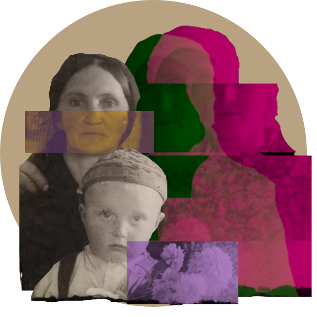 Colourful abstract collage of archival photograph of 2 women and a child