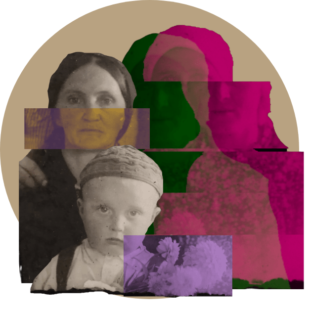 Colourful abstract collage of archival photograph of 2 women and a child